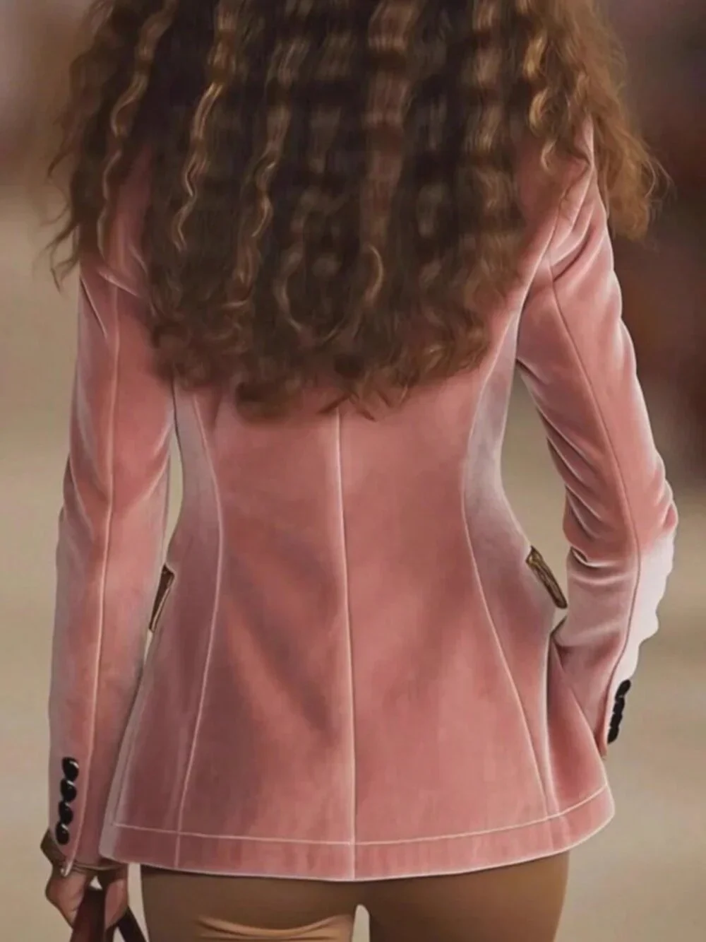 Pink Elegant Velvet Women's Blazer with Long Sleeves, Leopard Lapel - Picture 2 of 5